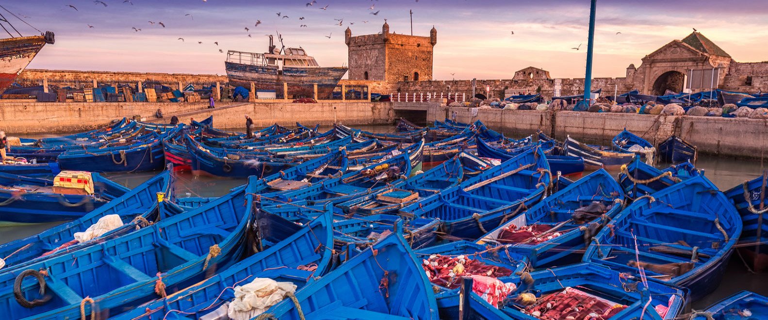 Essaouira port at sunset with blue hour lighting